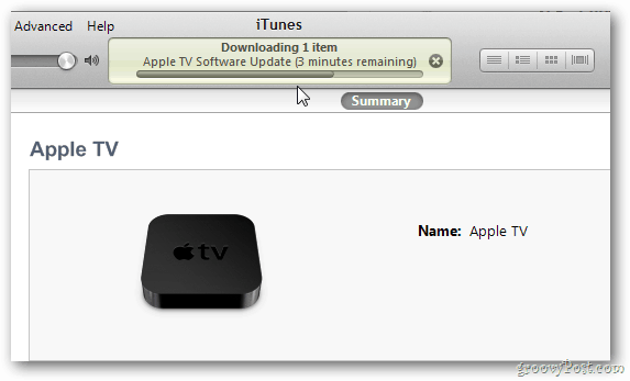 Progression de la mise à jour d'Apple TV