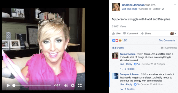 Publication vidéo Facebook Live sur la page Facebook de Chalene.