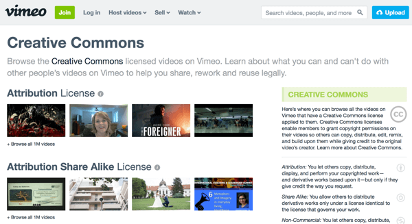 Vimeo regroupe les séquences vidéo par type de licence et inclut des explications de chaque type sur la droite.