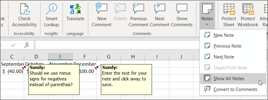 Afficher toutes les notes dans Excel