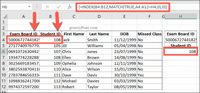Un exemple d'une formule combinée INDEX et MATCH dans Excel