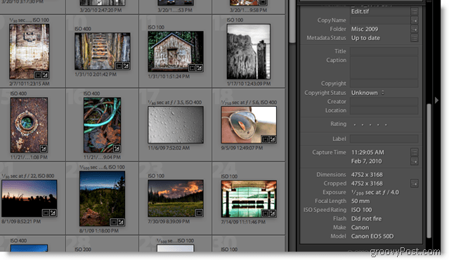 Capture d'écran des métadonnées Adobe Lightroom 2
