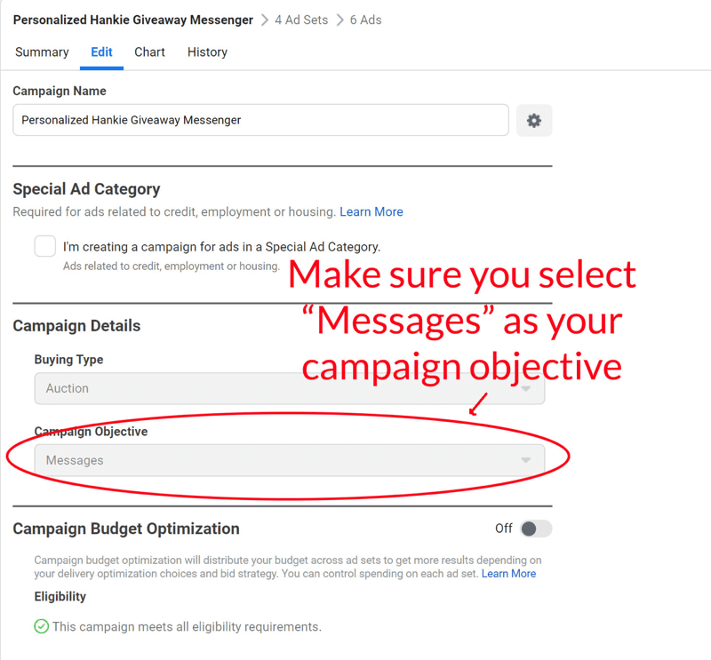 facebook messenger giveaway messenger ad mis en place étape 6