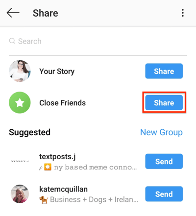 Appuyez sur le bouton Partager pour partager votre histoire Instagram avec votre liste d'amis proches.
