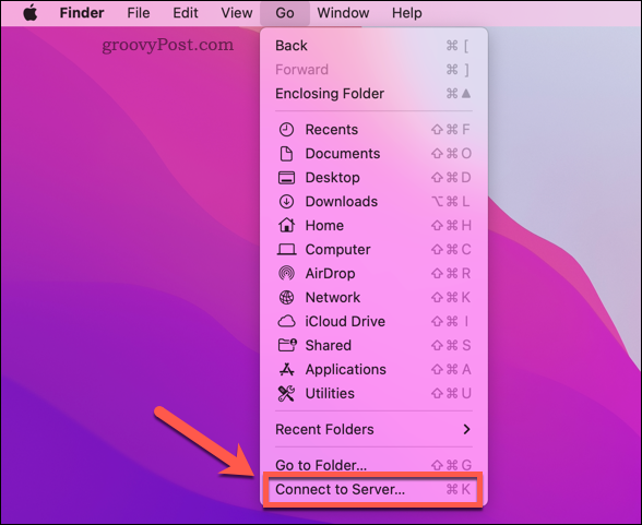 Ouverture de l'option Mac Finder Connect to Server