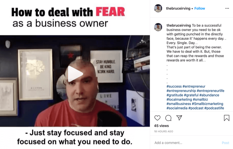 Bruce Irving post Instagram sur la façon de gérer la peur en tant que propriétaire d'entreprise