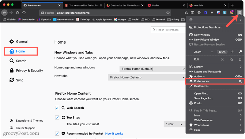 Accueil des préférences de Firefox sur Mac