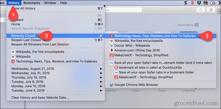 Sélectionnez un onglet récemment fermé dans Safari