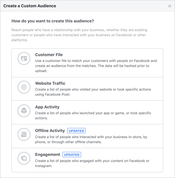 Options pour créer une audience personnalisée Facebook