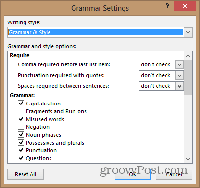 Word 2013 configurer le menu des paramètres de grammaire