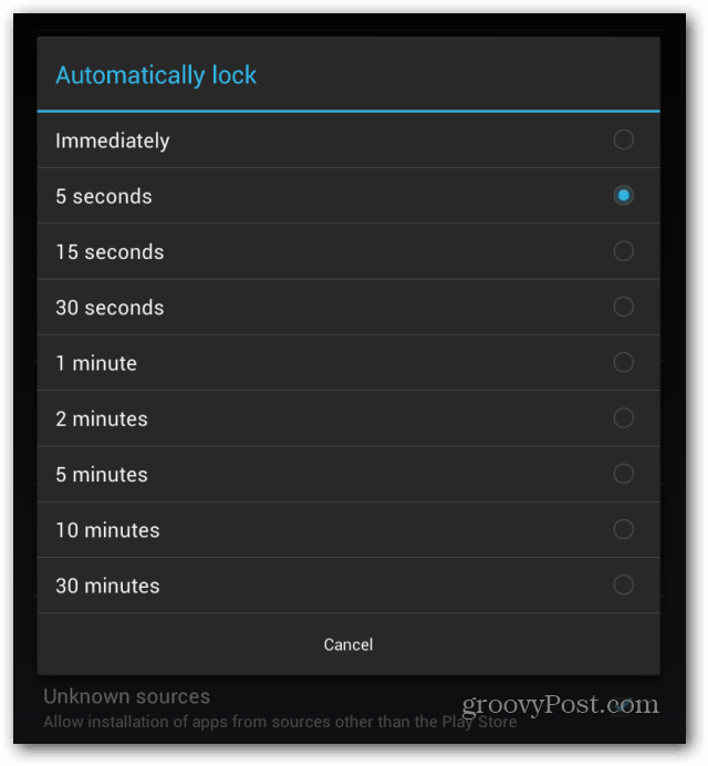 L'écran de verrouillage du Nexus 7 de Goggle verrouille automatiquement l'intervalle