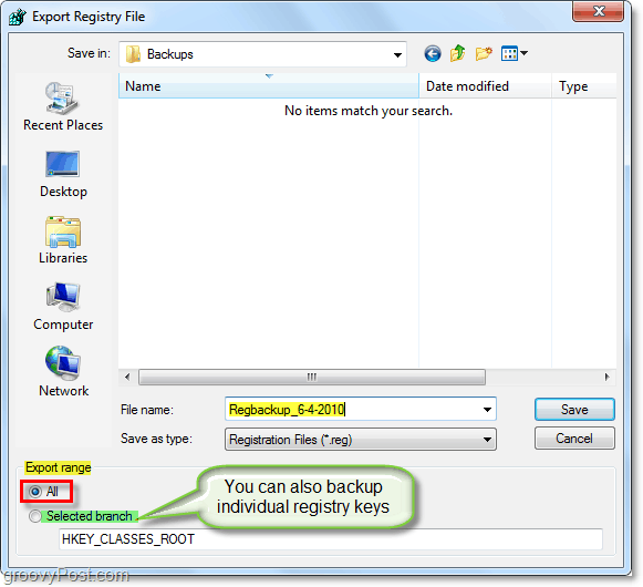 enregistrer la sauvegarde du registre dans Windows 7 et Vista