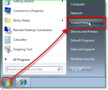 Cliquez sur le menu Démarrer l'Orbe, puis sur le panneau de configuration Dans Windows 7