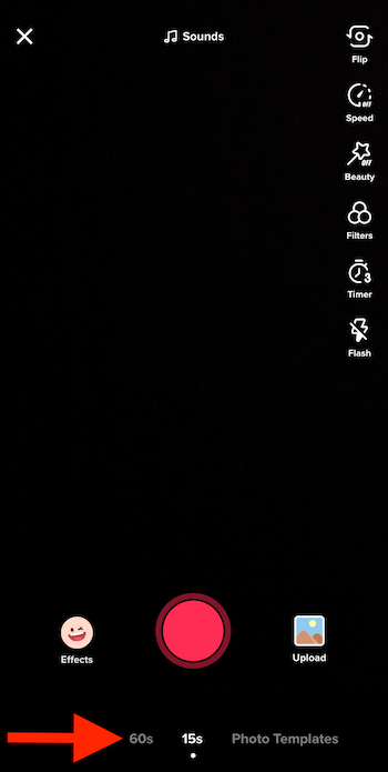 Options 15s et 60s sur l'écran de création vidéo TikTok
