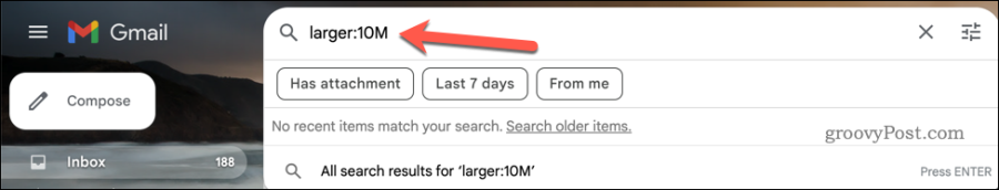 Exécuter une recherche plus grande: dans la barre de recherche Gmail