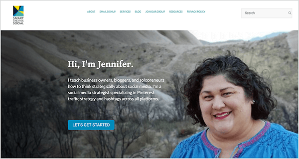 Voici une capture d'écran du site Web de Smart Creative Social, l'agence de médias sociaux de Jennifer Priest.