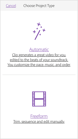 Sélectionnez Automatique pour qu'Adobe Premiere Clip crée une vidéo pour vous.