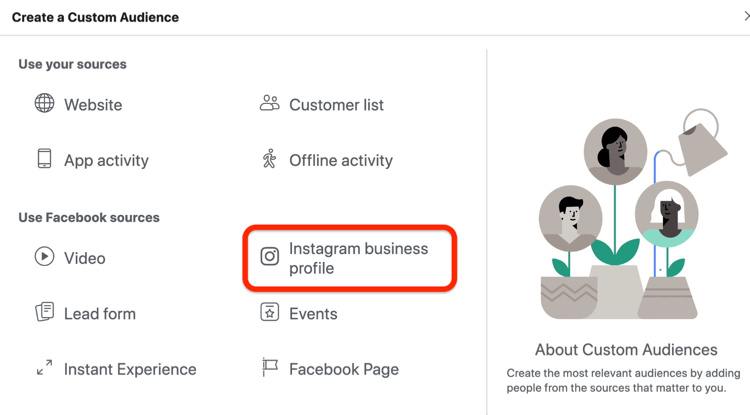 Option de profil d'entreprise Instagram sélectionnée dans la boîte de dialogue Créer une audience personnalisée