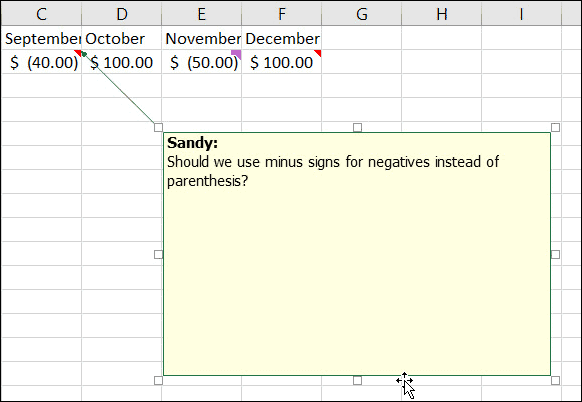 Redimensionner ou déplacer des notes dans Excel