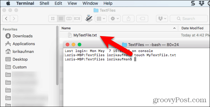 Fichier texte créé à l'aide de la commande tactile dans Terminal sur Mac