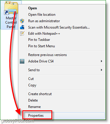 Capture d'écran de Windows 7 - cliquez avec le bouton droit sur le raccourci et accédez aux propriétés