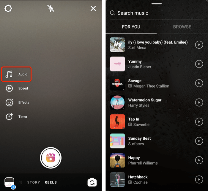 captures d'écran montrant les options audio des bobines instagram et plusieurs exemples de chansons disponibles