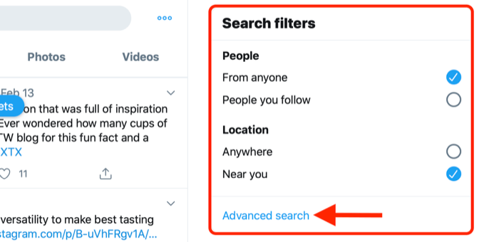 capture d'écran montrant le lien de recherche avancée dans la zone des filtres de recherche Twitter