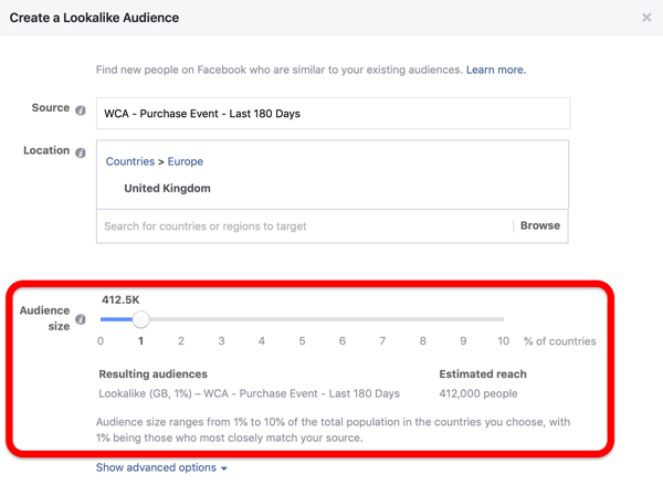 Option de taille d'audience lors de la création de votre audience Facebook Lookalike à partir de votre audience personnalisée.