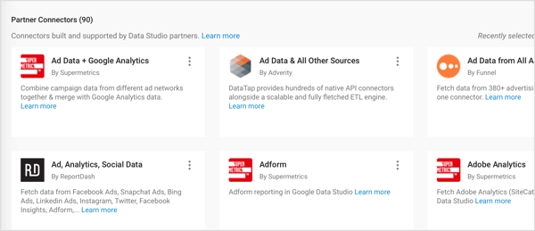 Google Data Studio propose des connecteurs partenaires créés par des partenaires tiers.