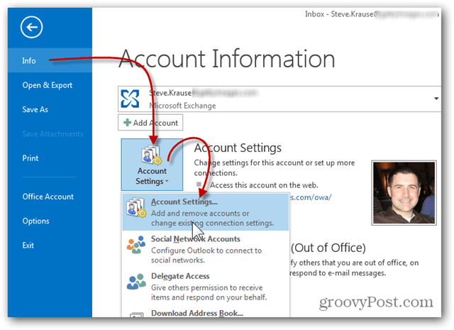Ajouter une boîte aux lettres Outlook 2013 - Cliquez sur Paramètres du compte d'informations