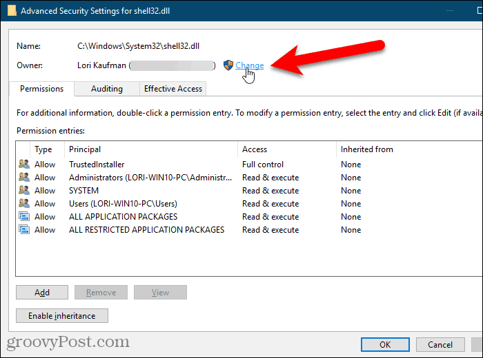 Cliquez sur Modifier pour le propriétaire dans la boîte de dialogue Paramètres de sécurité avancés dans l'éditeur de registre Windows