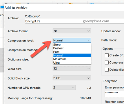 Options de compression de fichier pour un fichier d'archive 7zip dans Windows 10
