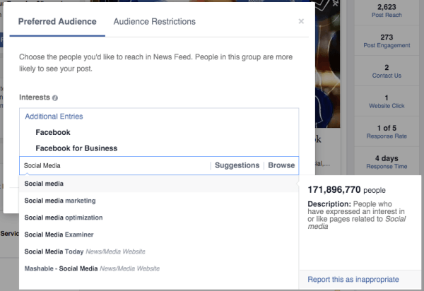 optimisation de l'audience facebook intérêts d'audience préférés