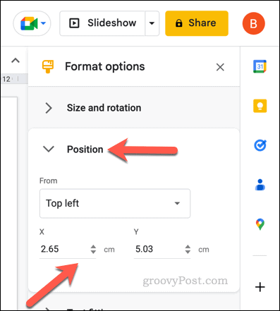 Modifier les options de position d'un tableau Google Slides