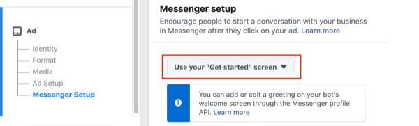 Facebook Click to Messenger Ads, étape 2.