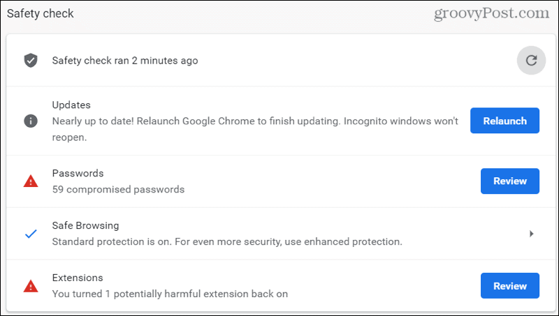 Résultats du contrôle de sécurité Chrome