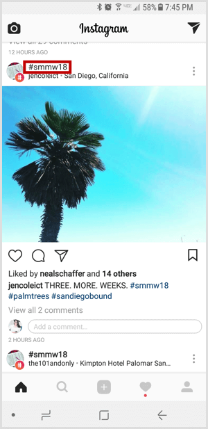 Hashtag Instagram dans le flux
