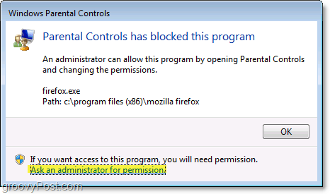 une fenêtre contextuelle s'affiche dans Windows 7 lorsqu'une stratégie de contrôle parental la bloque