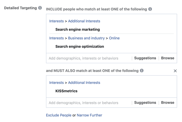 Exemple de superposition de vos résultats dans les intérêts de votre audience Facebook en utilisant le champ de correspondance DOIT AUSSI.
