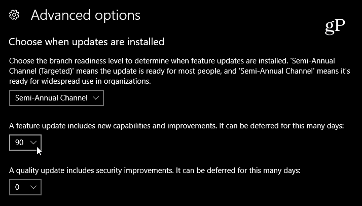 Sélectionnez le délai de mise à jour des fonctionnalités de Windows 10