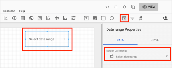 Cliquez sur l'outil Plage de dates dans la barre d'outils et dessinez une zone dans la zone du graphique où vous souhaitez ajouter le contrôle.