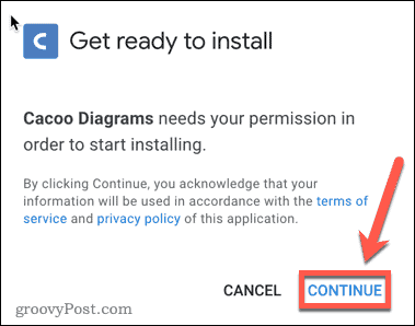 Confirmation de l'installation du module complémentaire Google Docs Cacoo