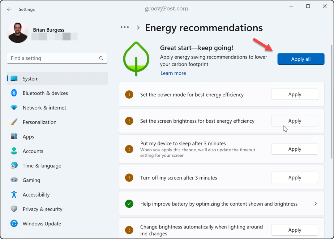 Comment appliquer les recommandations énergétiques sur Windows 11