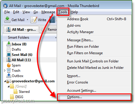 accéder au menu d'options de thunderbird