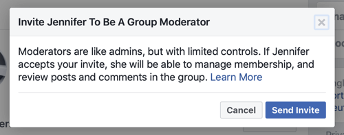 Comment améliorer votre communauté de groupe Facebook, exemple du message Facebook lorsqu'un membre est sélectionné pour être modérateur de groupe