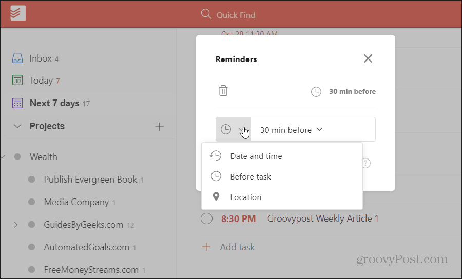 configuration du rappel basé sur la position du todoist