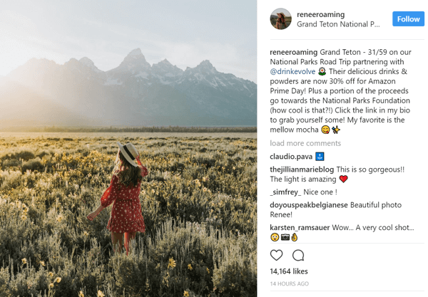 L'influenceuse Instagram Renee Hahnel partage un lien promotionnel de réduction Drink Evolve dans sa bio.