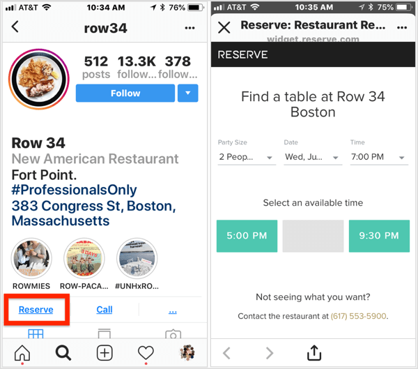 Cliquez sur le bouton d'action Réserver sur le profil d'entreprise Instagram de ce restaurant pour effectuer une réservation. 