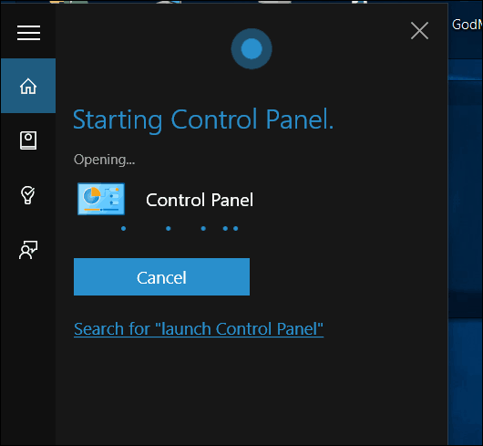 Panneau de configuration de Windows 10 Cortana Open