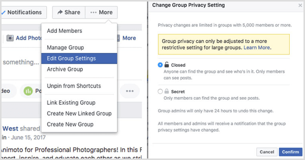Groupe Facebook modifier les paramètres de confidentialité